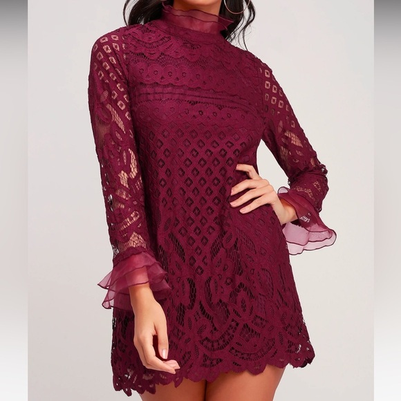 Lulus Dresses & Skirts - Lulus Love and Joy Burgundy Lace Long Sleeve Shift Dress Size Small